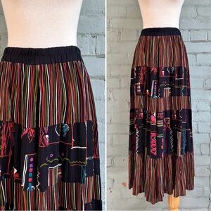 Vintage 90s Black Maxi Skirt with Multicolor Stripes and Abstract Panels